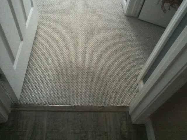 picture of a stained white hallway carpet before being cleaned